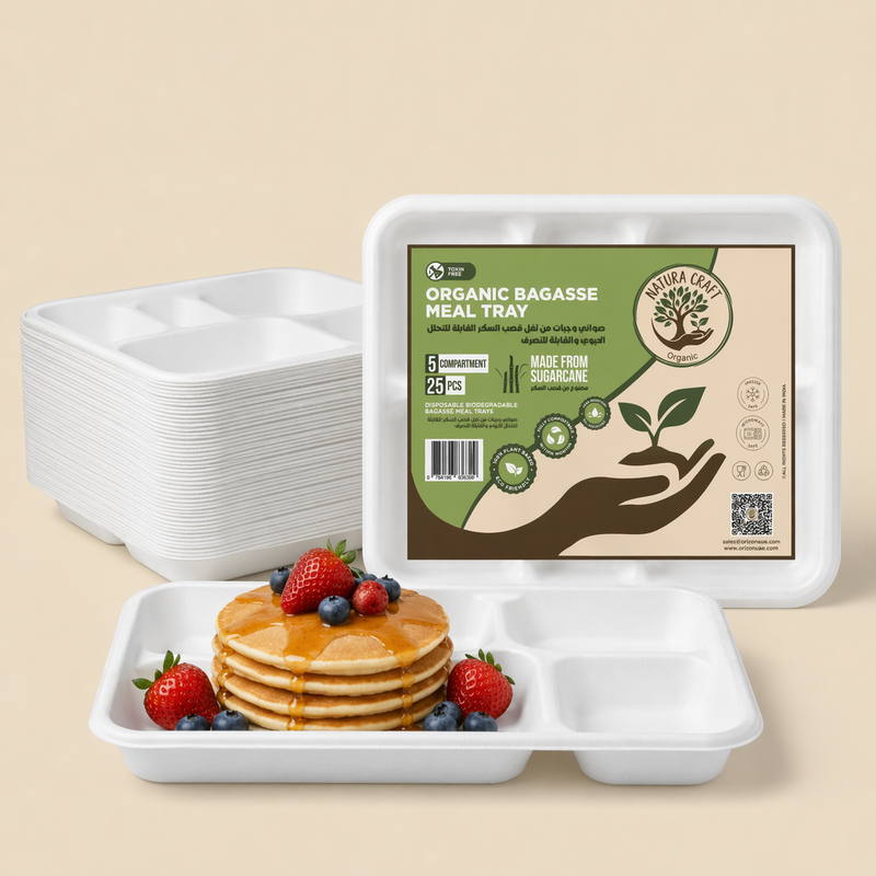 5 Compartment Bagasse Disposable Meal Tray (25 pcs)-1