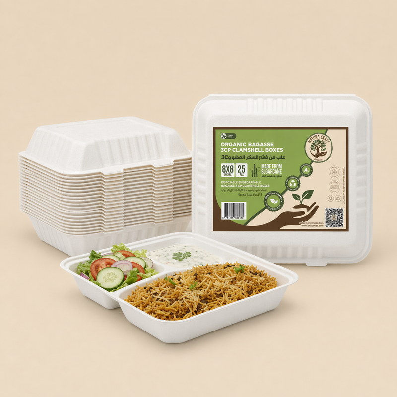 3 Compartment Bagasse Clamshell - 8x8"-1