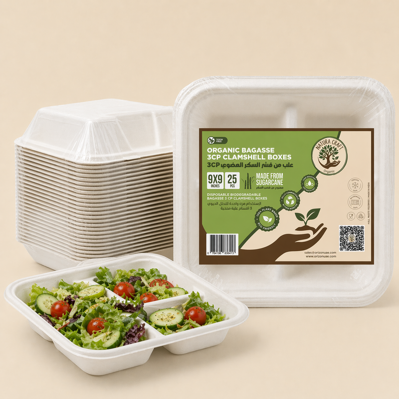 3 Compartment Bagasse Disposable Clamshell Food Container( 9x9" 25 psc)-4