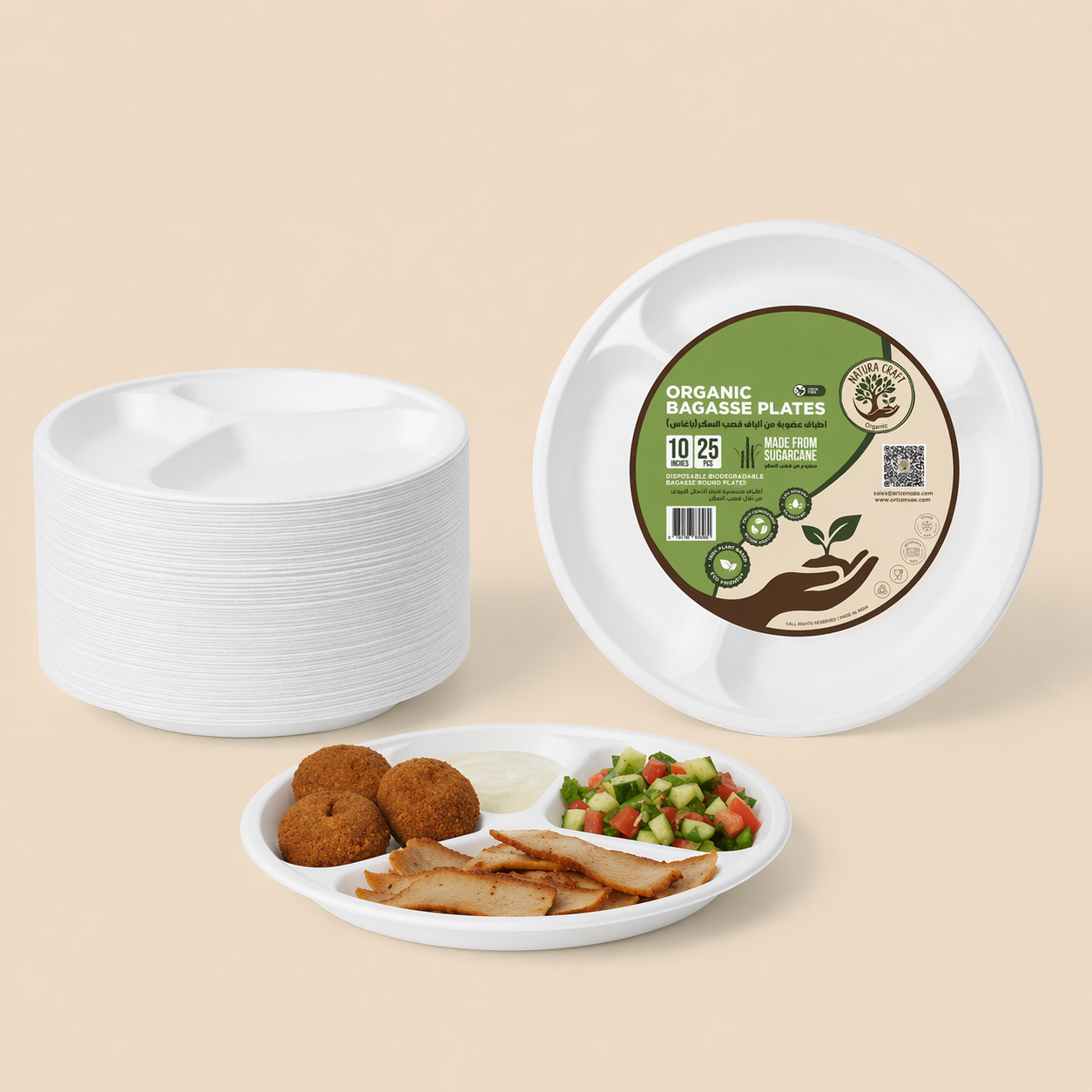 3 Compartment Bagasse Disposable Round Plate (10" 50 psc)-1