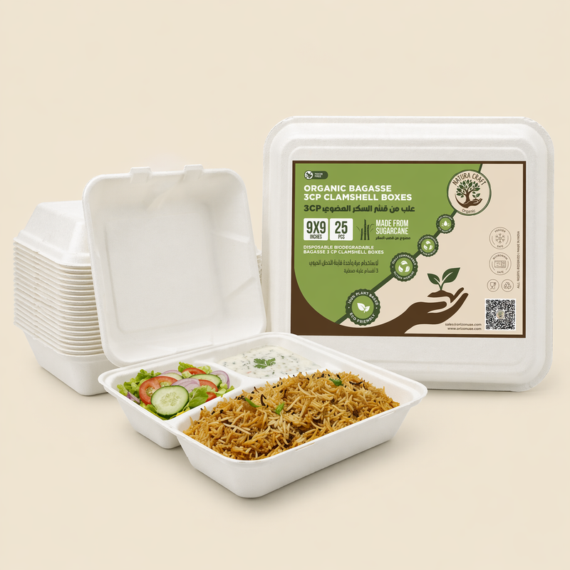 3 Compartment Bagasse Clamshell - 9x9"-5