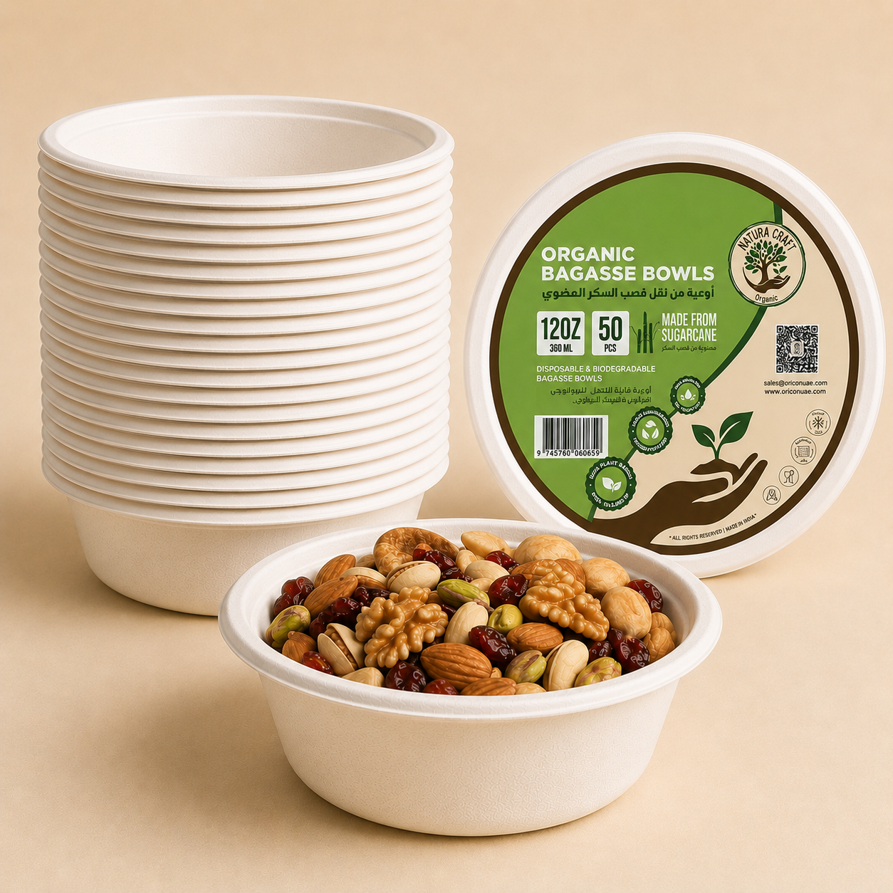 Bagasse Disposable Bowls - 12oz (50 Pcs)