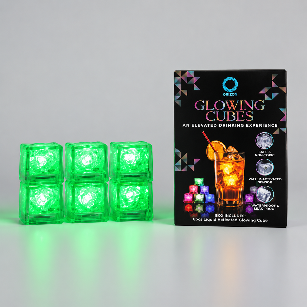 LED Light Up Glowing Cube for Drinks - Green 6pc set-1