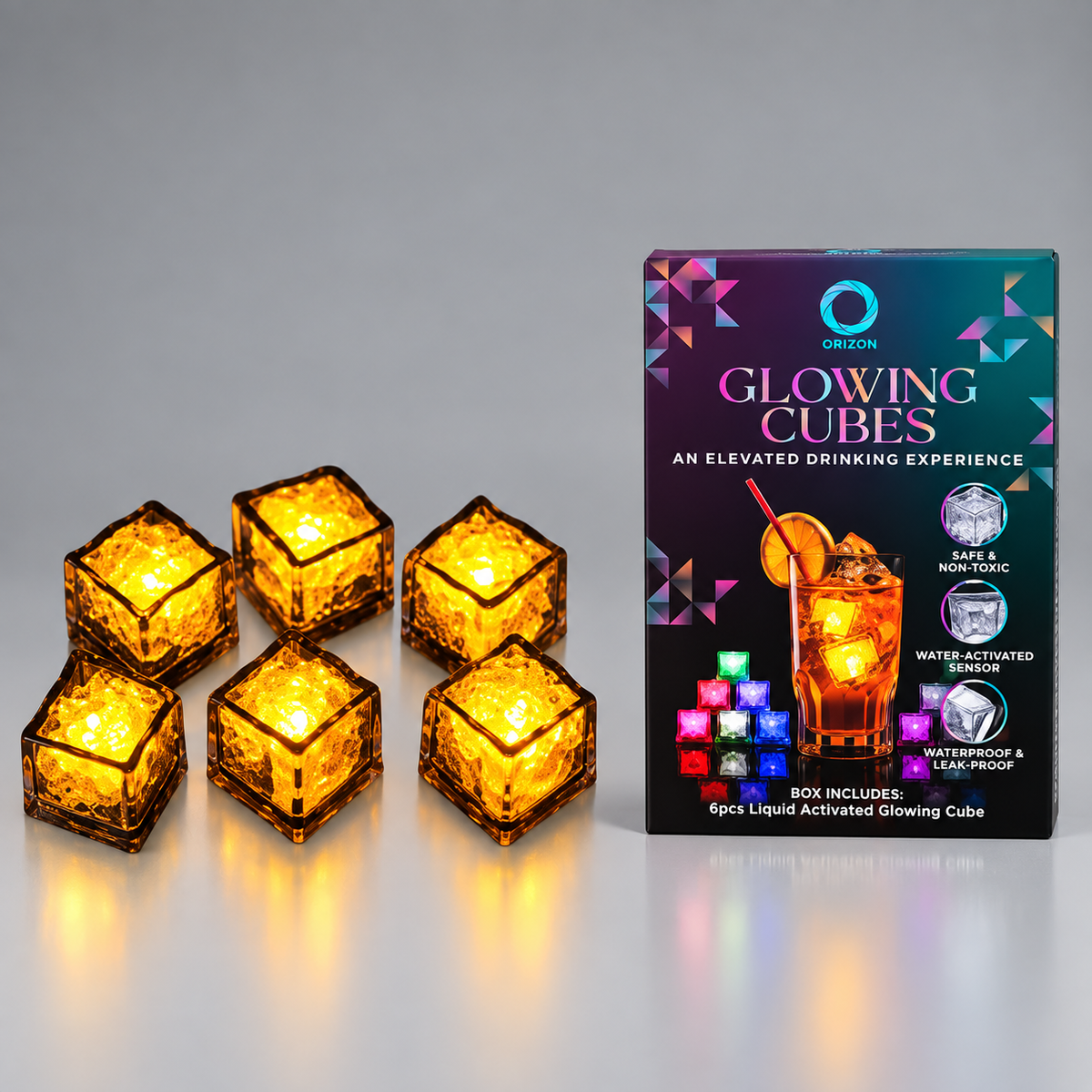 LED Light Up Glowing Cube for Drinks - Yellow 6pc set-1