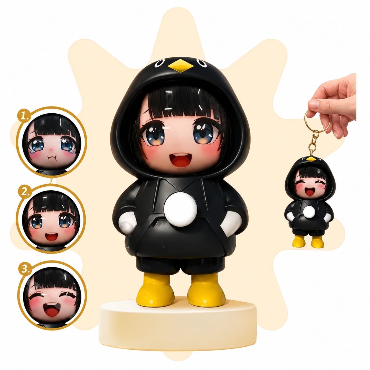 Face Changing Toy Keychain Black – Cute Cartoon Mystery Face Changing Figurine, Trendy Portable Backpack Accessory, Fun Gift for Kids, Teens & Anime Fans