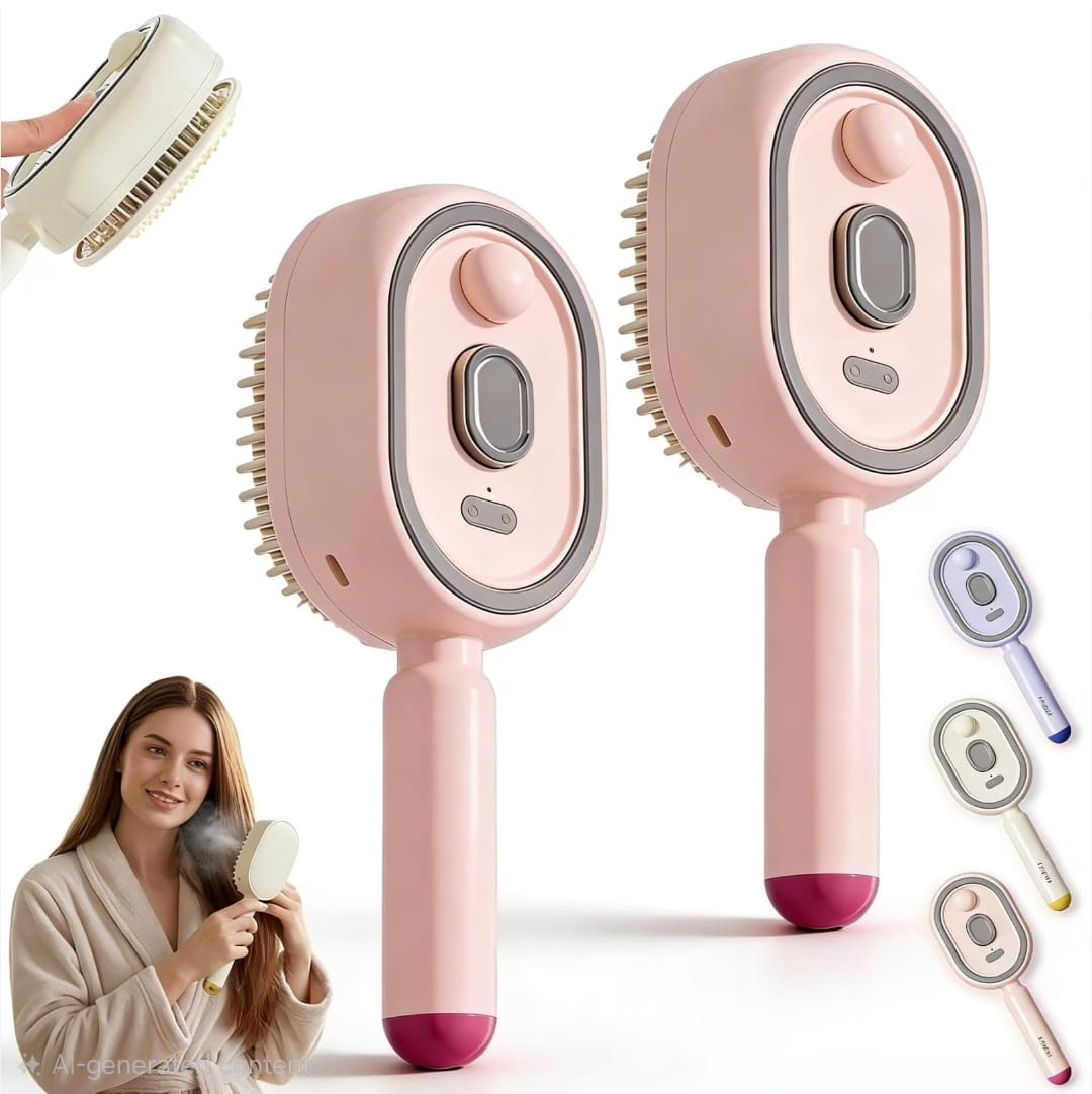 Rechargeable Electric Hair Detangling Brush with Auto Mist Spray, Red Light Therapy & One-Button Self-Cleaning: Pink-2