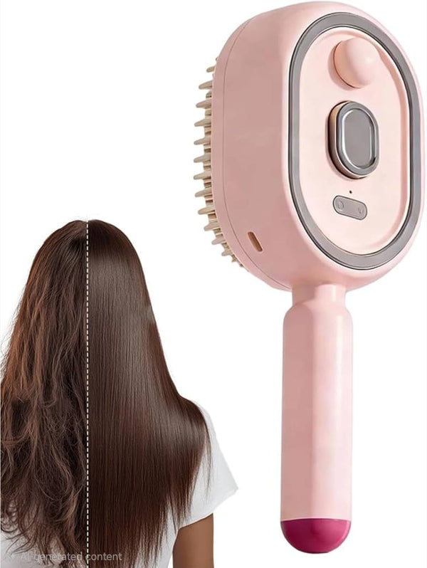 Rechargeable Electric Hair Detangling Brush with Auto Mist Spray, Red Light Therapy & One-Button Self-Cleaning: Pink