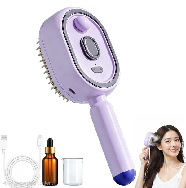 Rechargeable Electric Hair Detangling Brush with Auto Mist Spray, Red Light Therapy & One-Button Self-Cleaning: Purple