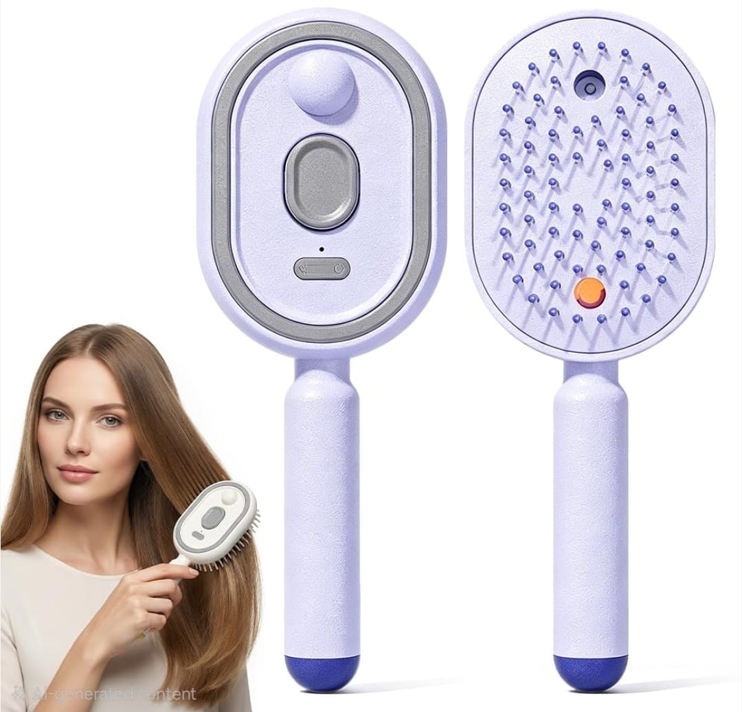 Rechargeable Electric Hair Detangling Brush with Auto Mist Spray, Red Light Therapy & One-Button Self-Cleaning: Purple-3