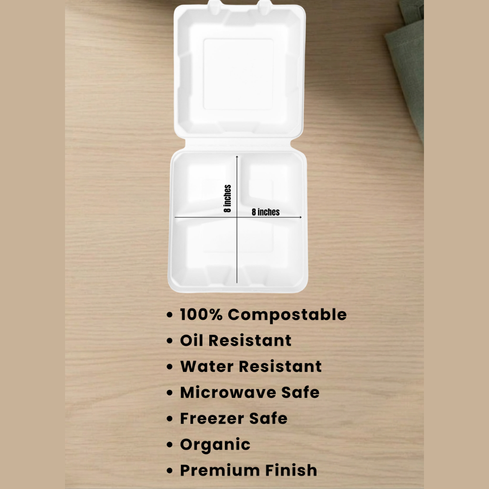 3 Compartment Bagasse Clamshell - 8x8"-3