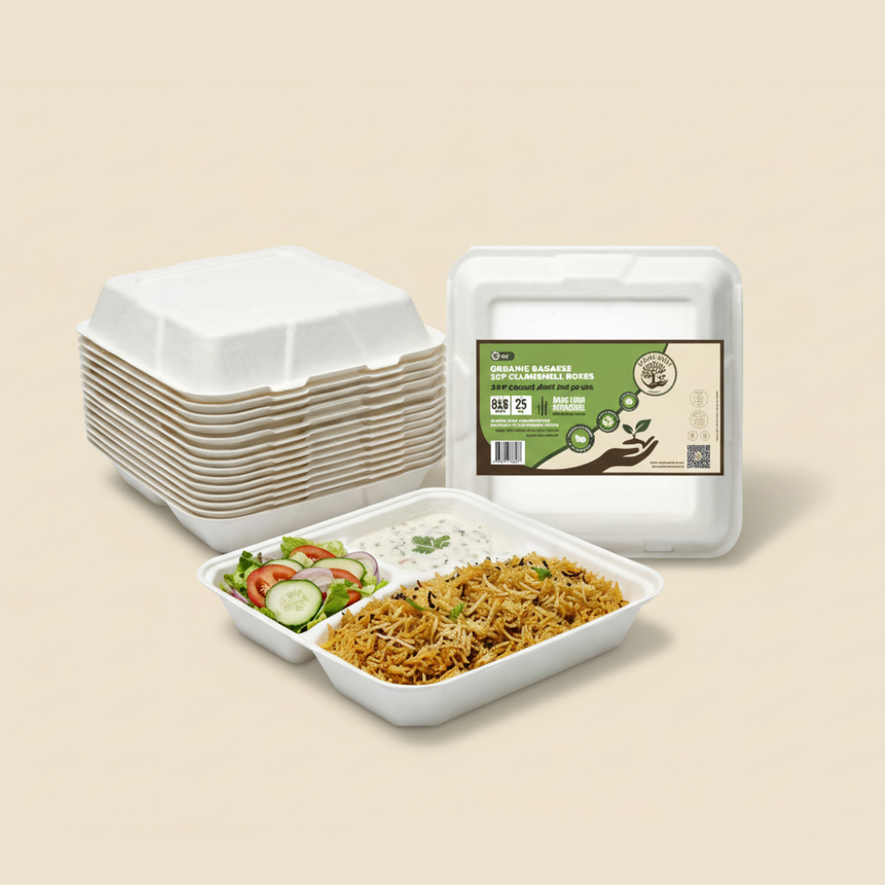 3 Compartment Bagasse Clamshell - 8x8"