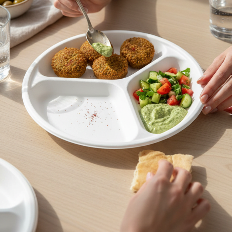 3 Compartment Bagasse Disposable Round Plate (10"25 psc)-4