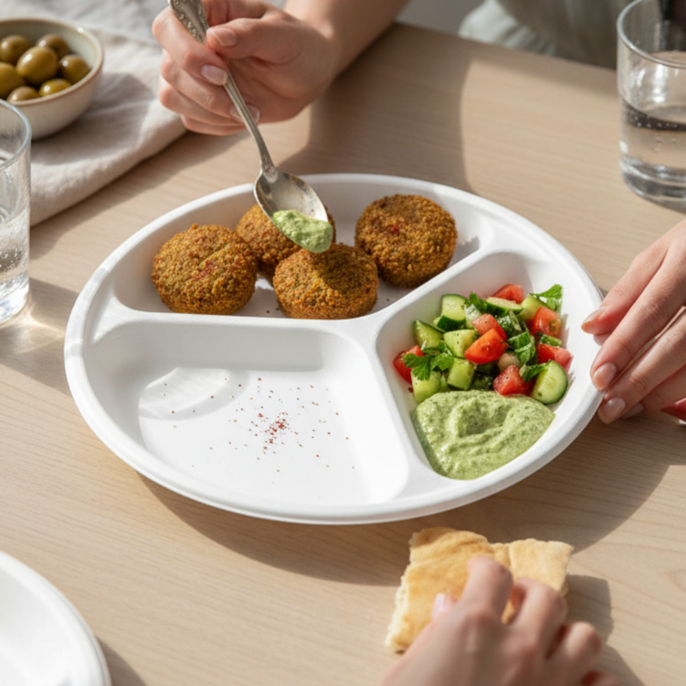 3 Compartment Bagasse Disposable Round Plate (10"25 psc)-5