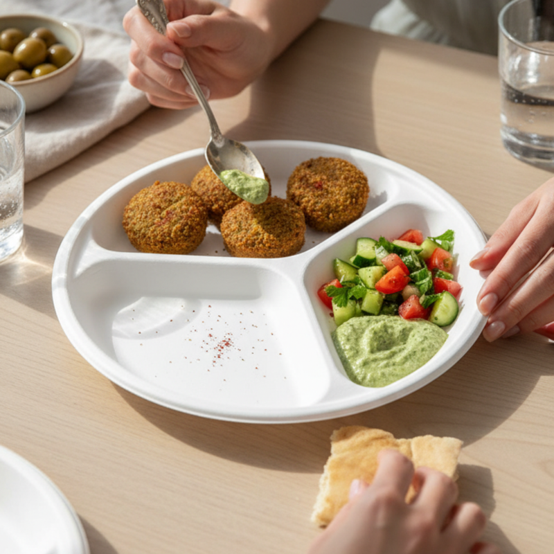 3 Compartment Bagasse Disposable Round Plate (10"25 psc)-5