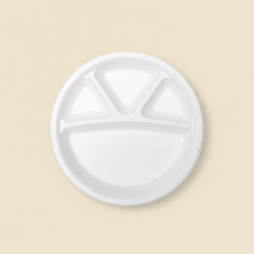 3 Compartment Bagasse Disposable Round Plate (10"25 psc)-2