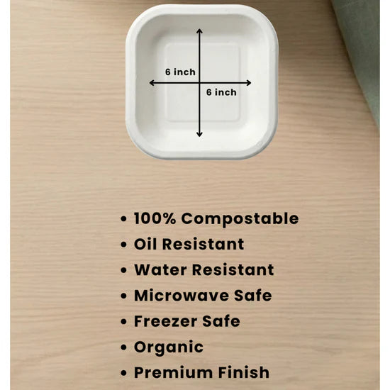 Bagasse Disposable Square Plate (6" 50 psc)-3