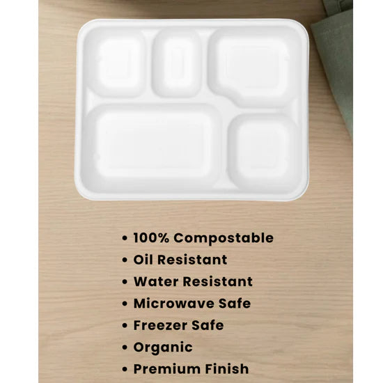 5 Compartment Bagasse Disposable Meal Tray (50 psc)-3