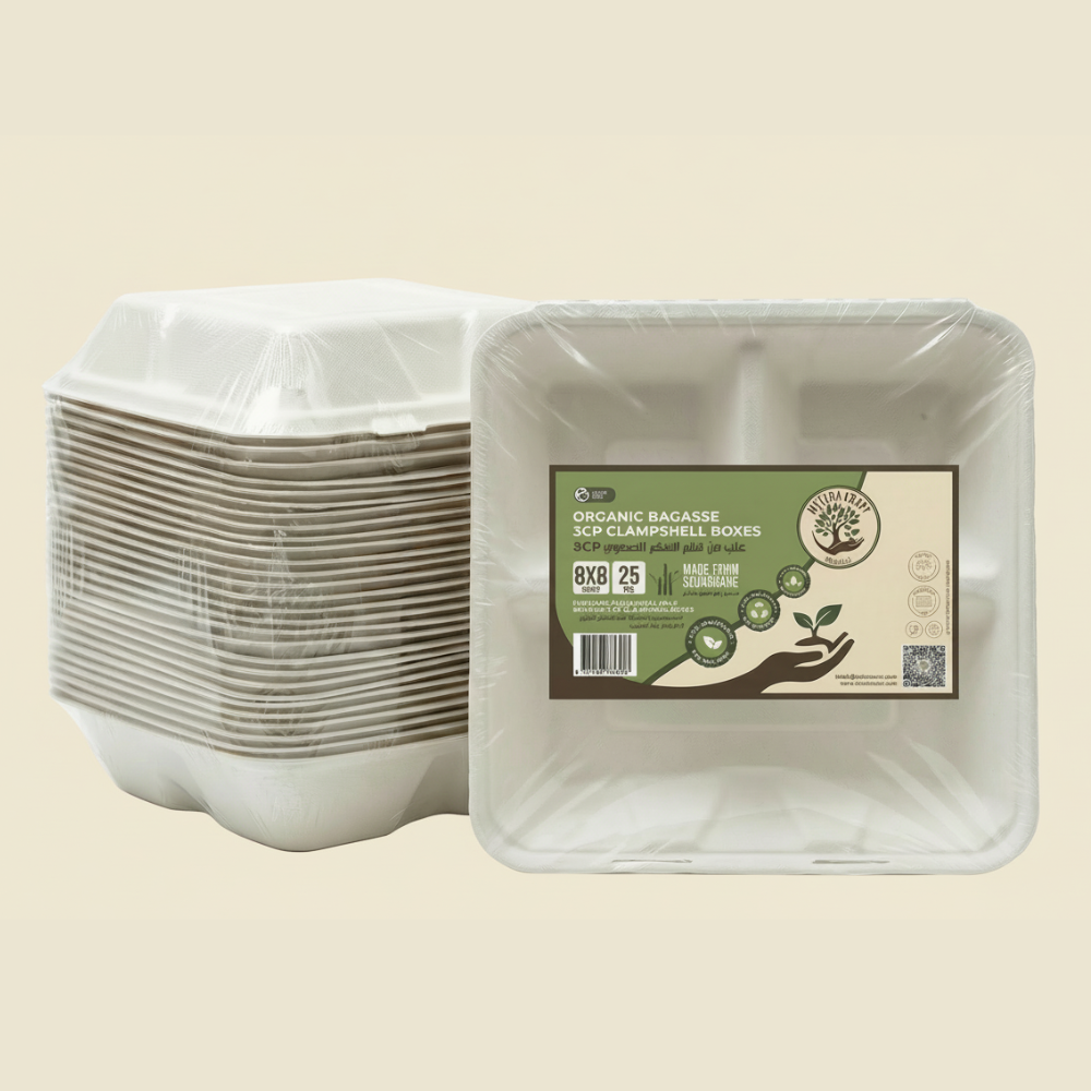 3 Compartment Bagasse Disposable Clamshell Food Container