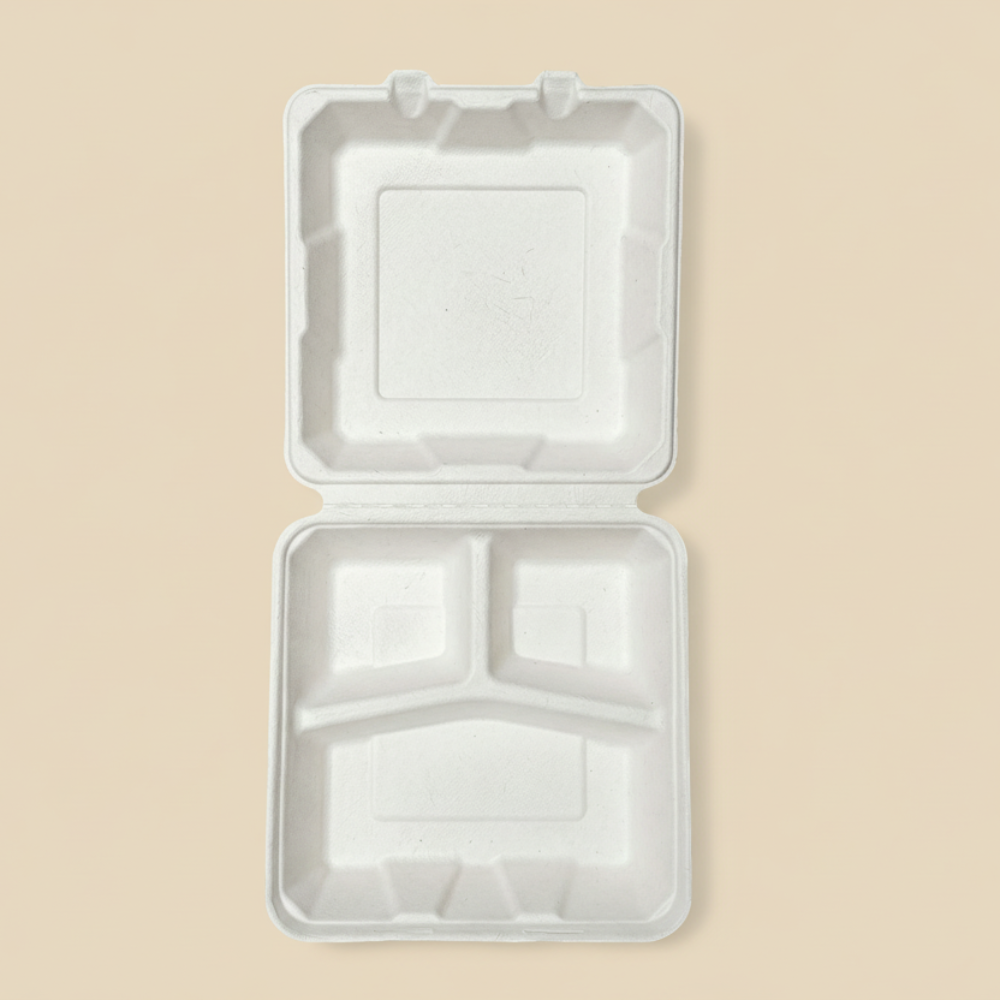 3 Compartment Bagasse Disposable Clamshell Food Container( 9x9" 25 psc)-2