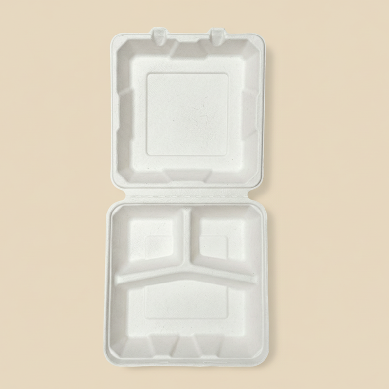 3 Compartment Bagasse Disposable Clamshell Food Container( 9x9" 25 psc)-2