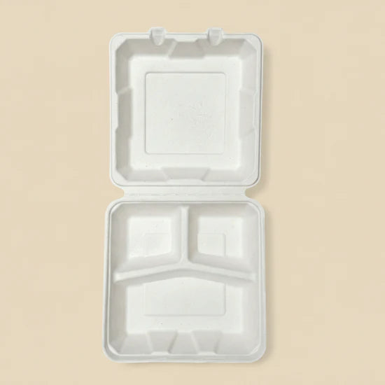 3 Compartment Bagasse Disposable Clamshell Food Container (8x8" 25 psc)-2