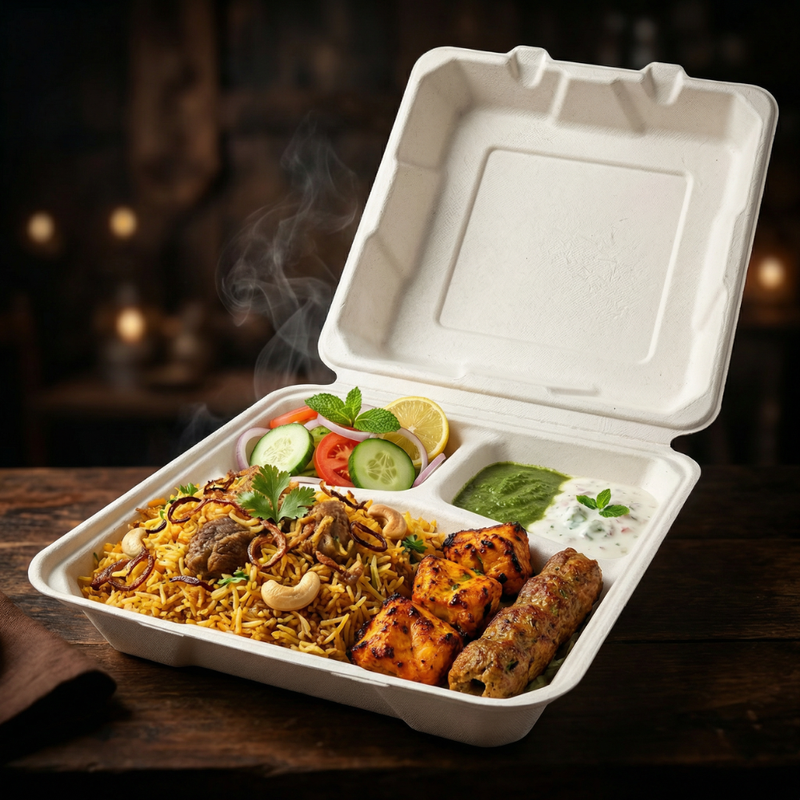 3 Compartment Bagasse Disposable Clamshell Food Container( 9x9" 25 psc)-3