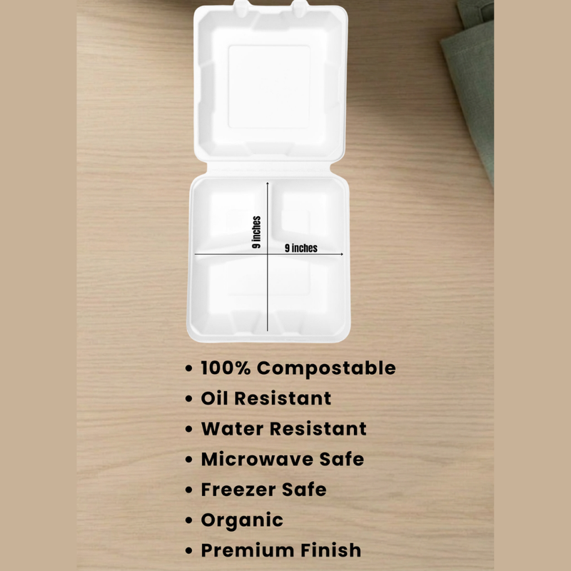 3 Compartment Bagasse Clamshell - 9x9"-3