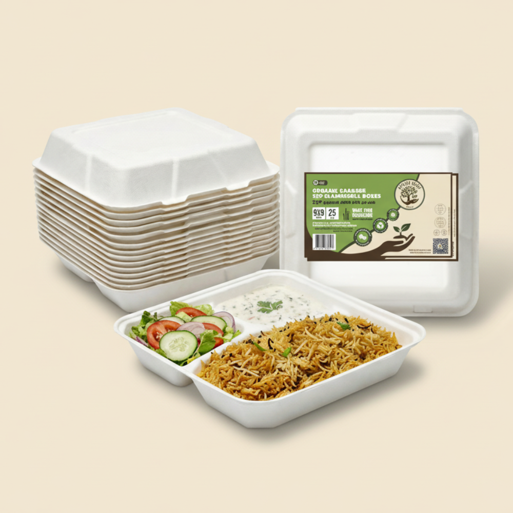 3 Compartment Bagasse Clamshell - 9x9"